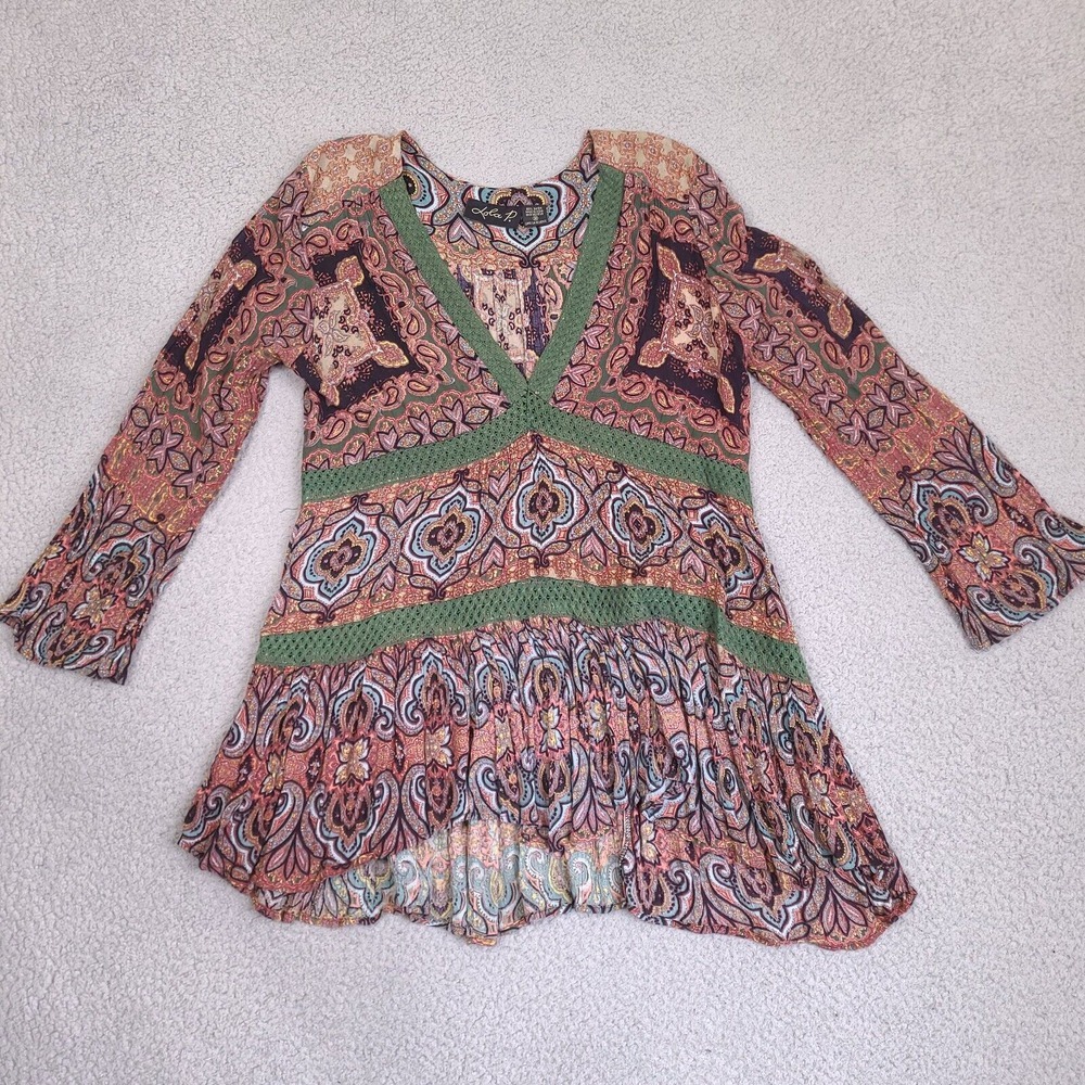 Lola P Tunic Top Womens Medium Paisley Flowy Boho Hippie Lace Trim Rayon